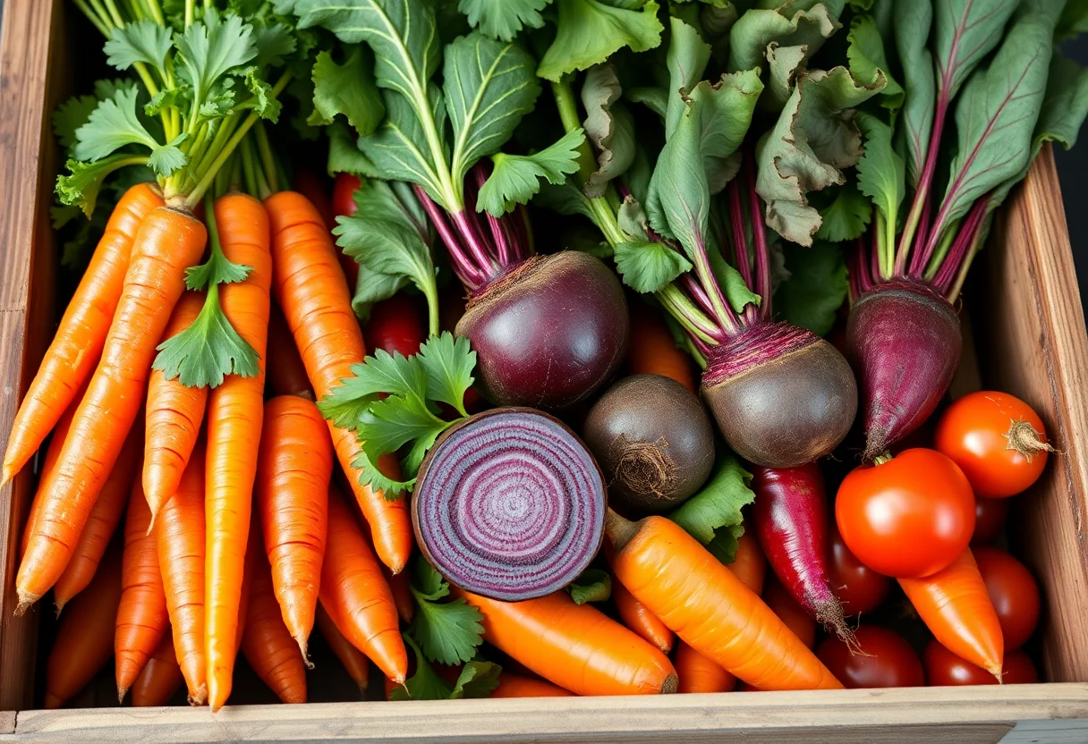 A close-up of fresh, colorful organic vegetables like carrots, beets, and greens in a rustic wooden crate.