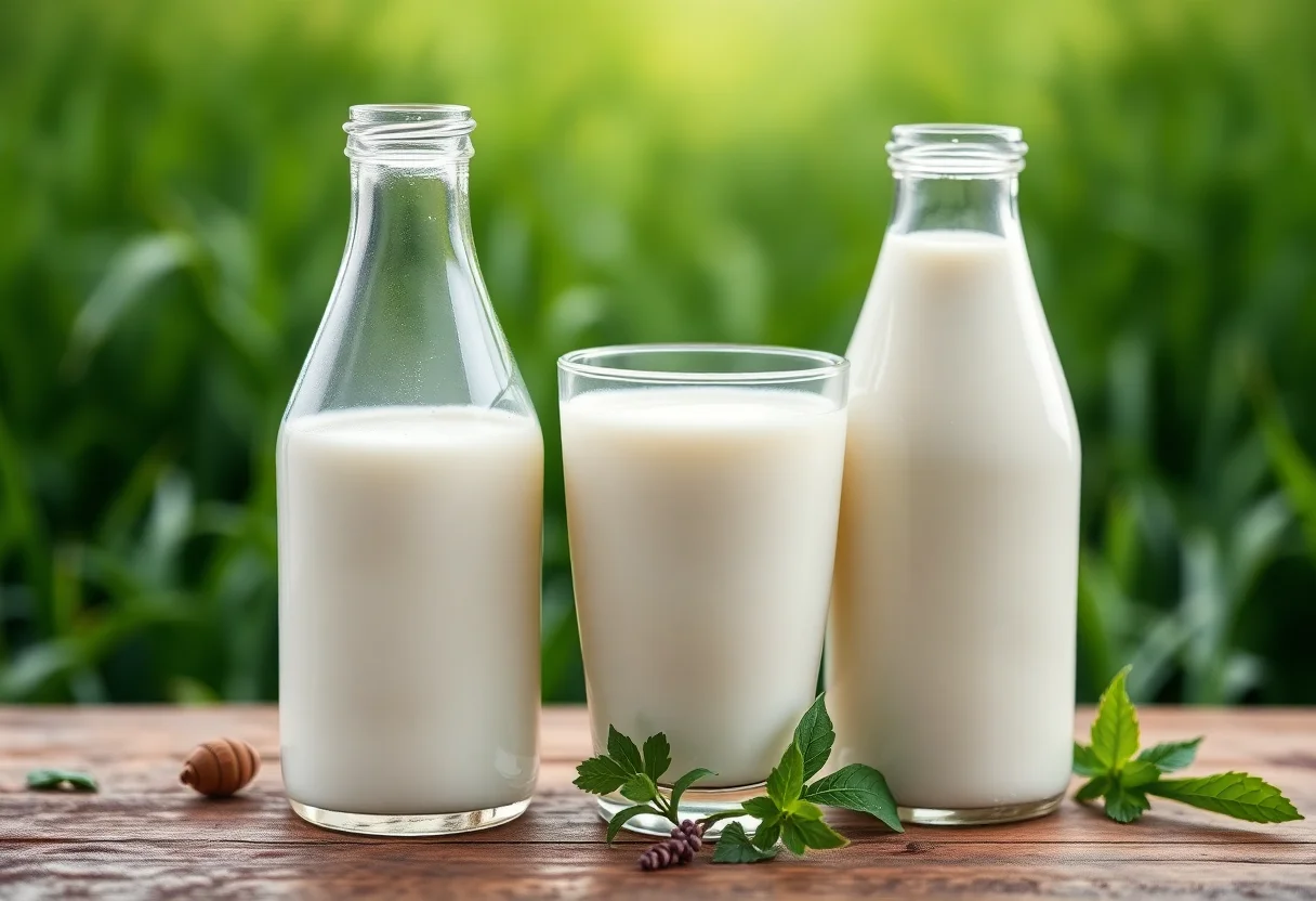 A glass bottle of fresh milk next to a glass, with a green field in the background.