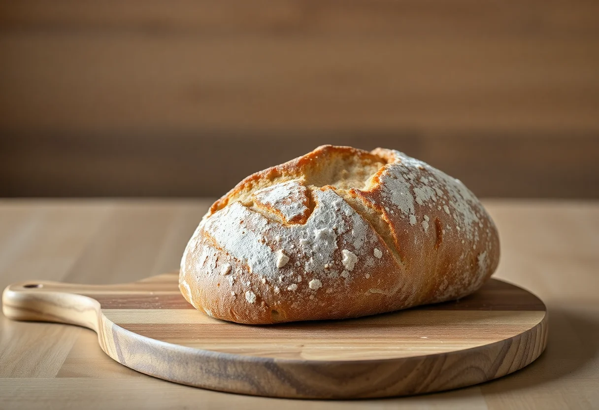 A loaf of freshly baked sourdough bread on a wooden board.