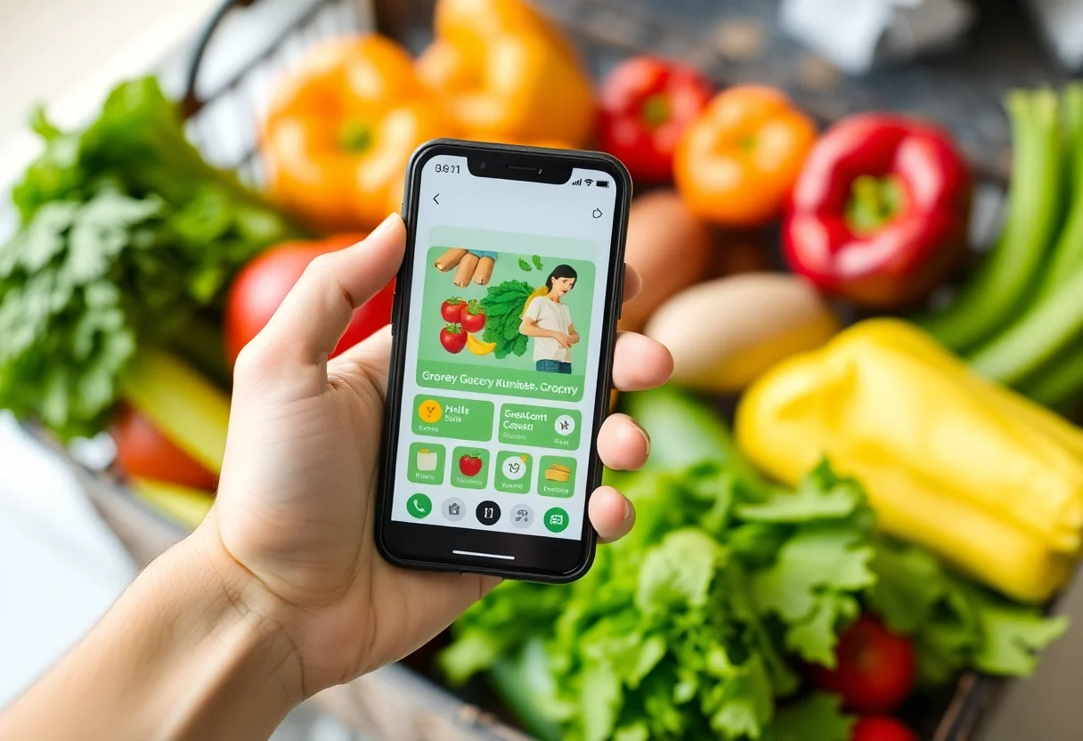 A person holding a smartphone showing a grocery app interface, with a basket of fresh produce in the background.