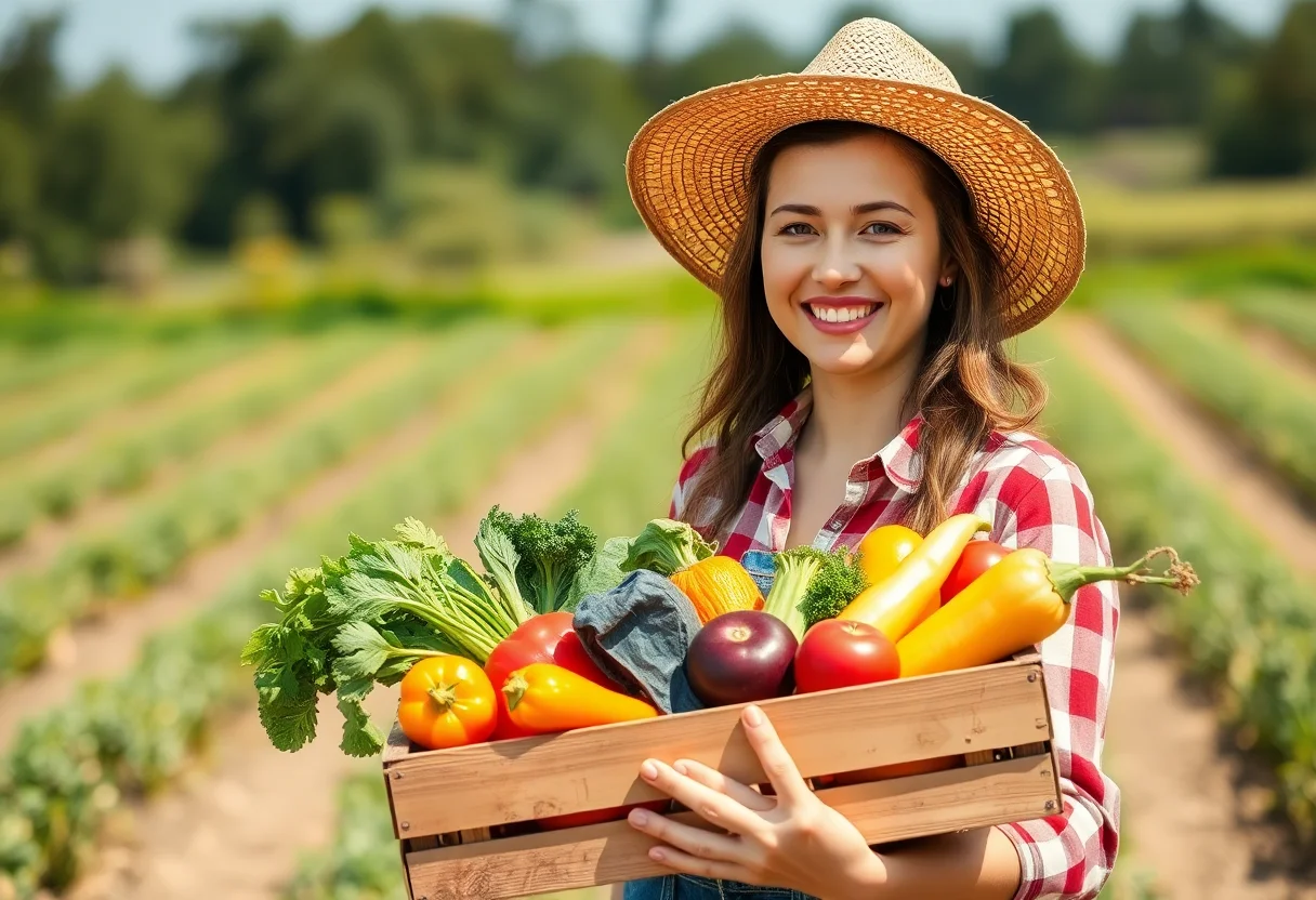 A smiling female farmer with a straw hat holding a wooden crate full of freshly harvested colorful vegetables in a sunlit field.