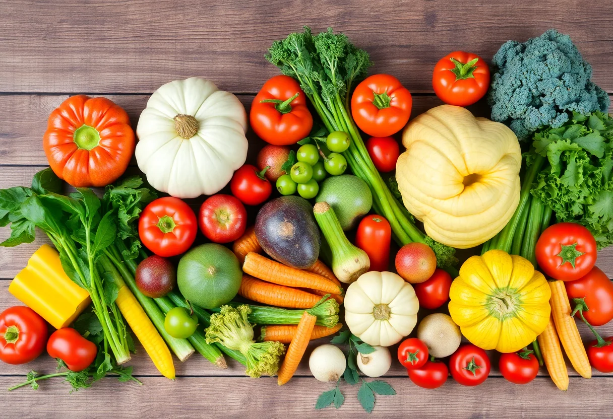 A vibrant flat lay of fresh organic vegetables and fruits on a rustic wooden table.
