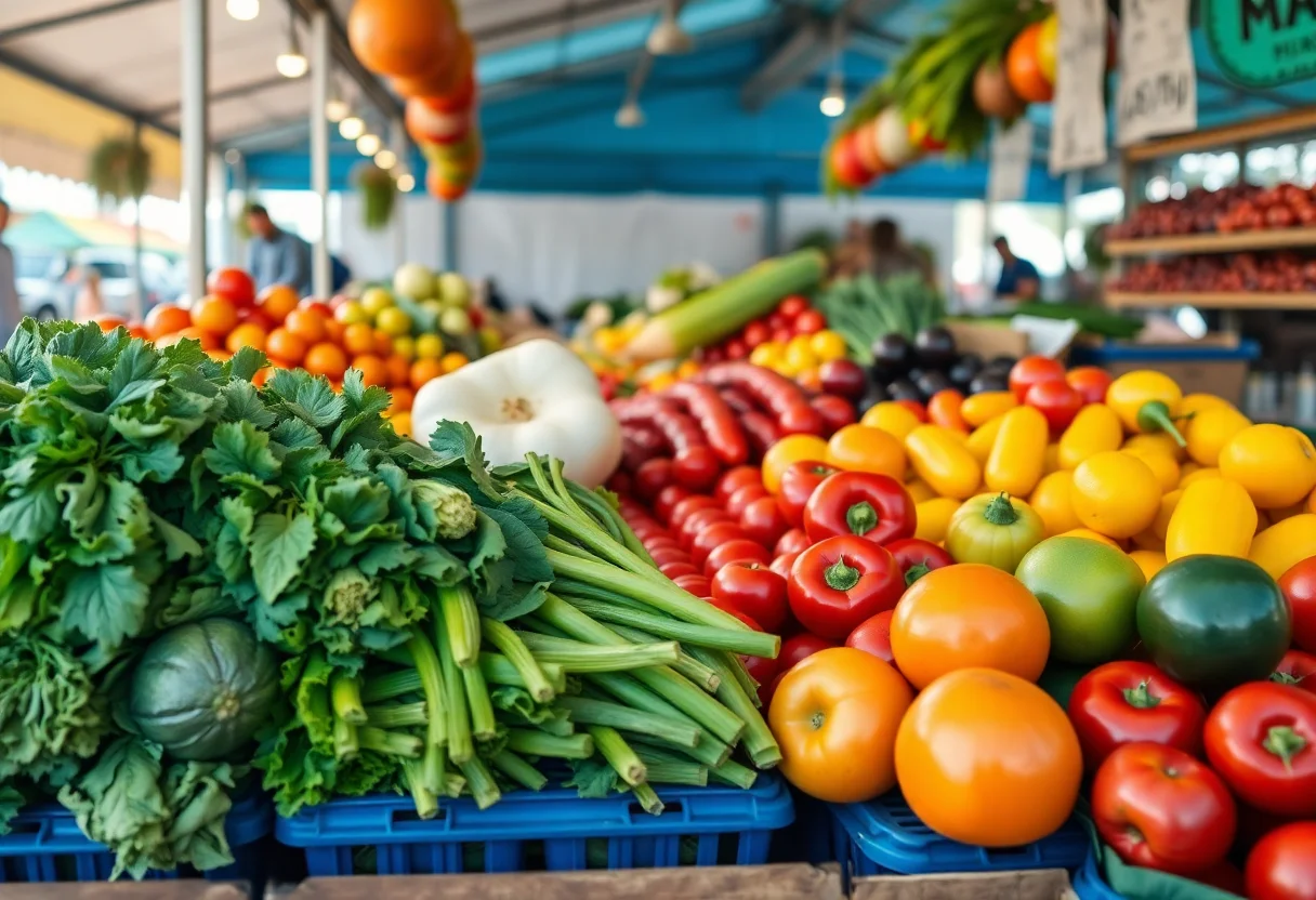 A vibrant local farmers market stall with fresh organic vegetables and fruits.