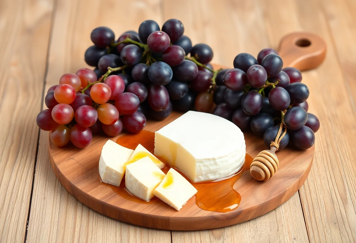 Artisanal goat cheese on a wooden board with grapes and honey