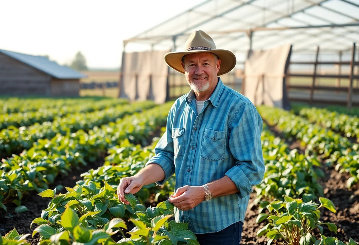 Farmer's hands gently holding a handful of rich, dark soil with a small green seedling growing from it.