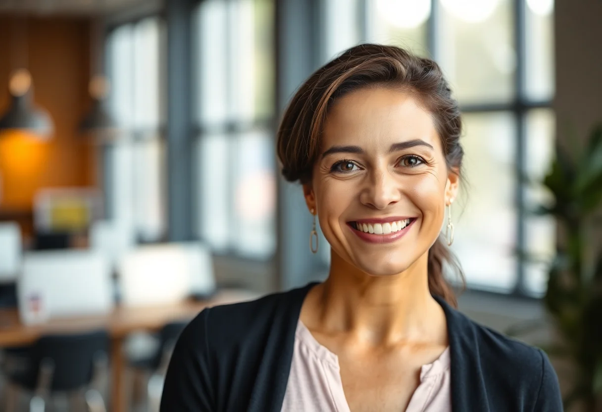 Headshot of a friendly and confident woman, the founder of the company, smiling warmly.