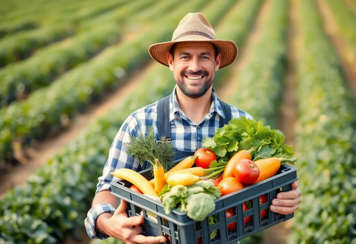 Smiling farmer holding a crate of fresh vegetables in a field
